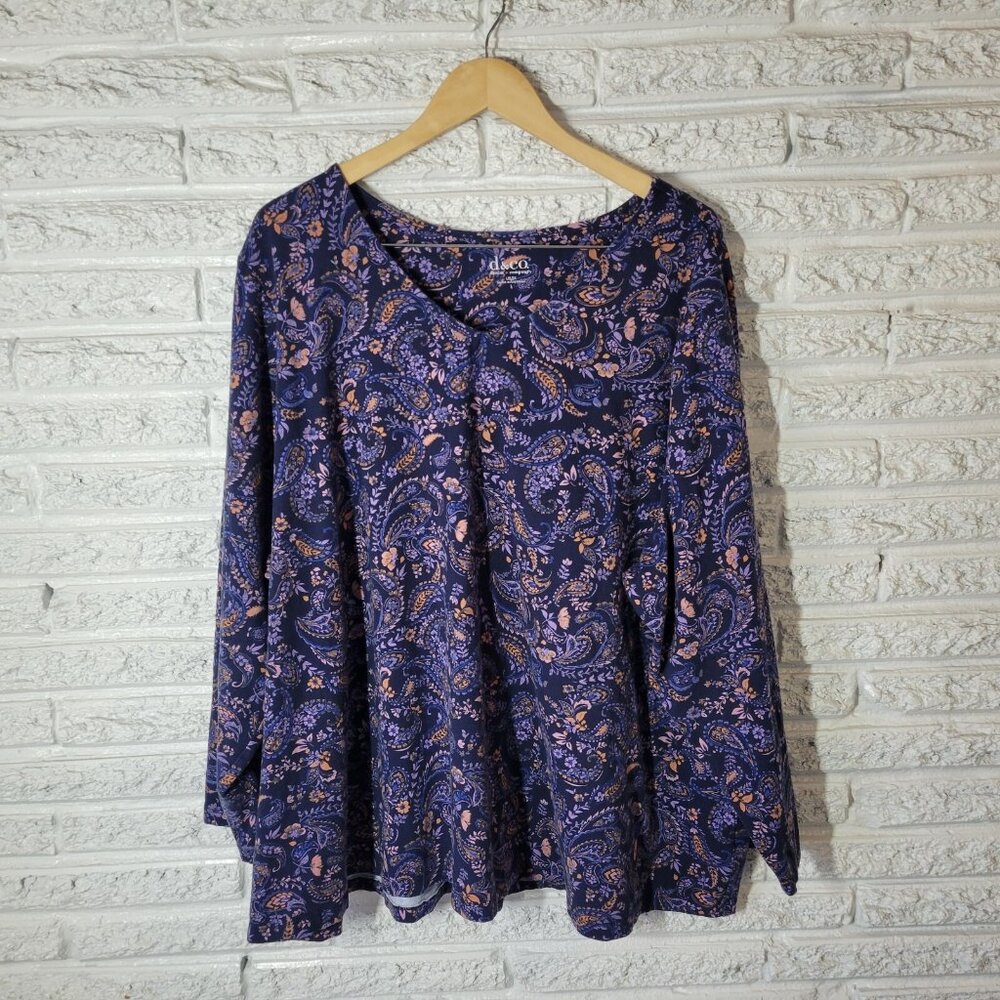Denim Co Womens Top 5X Plus Long Sleeve Blue Paisley Cotton Blend Comfy PAI42E